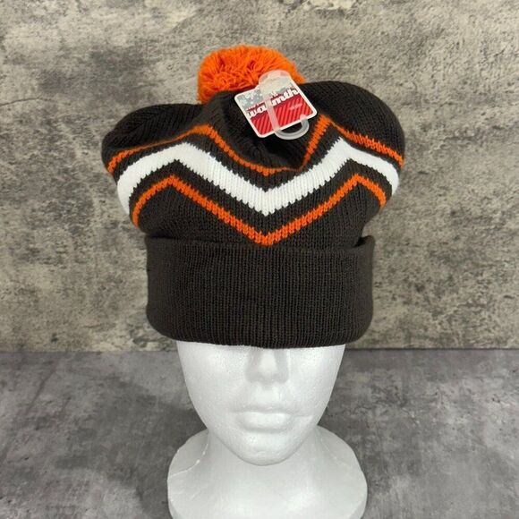 NEW Old Navy Beanie OS Brown Orange Knit Y2K Pom Pom Winter Hat - Picture 1 of 8